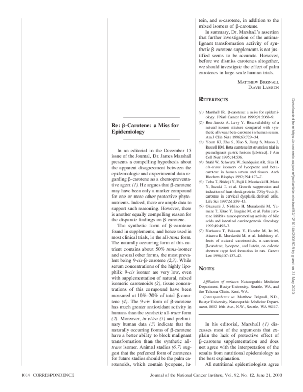 (PDF) Re: beta-Carotene: a Miss for Epidemiology