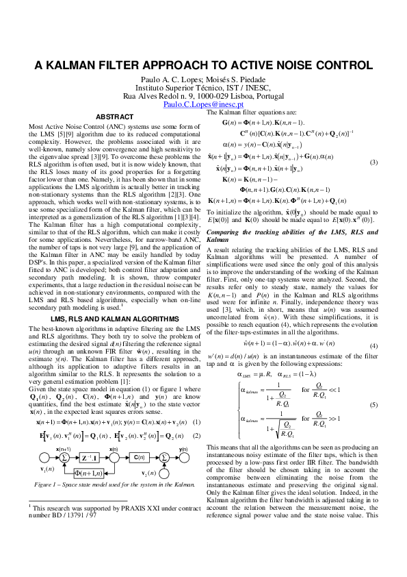 (PDF) A Kalman filter approach to active noise control