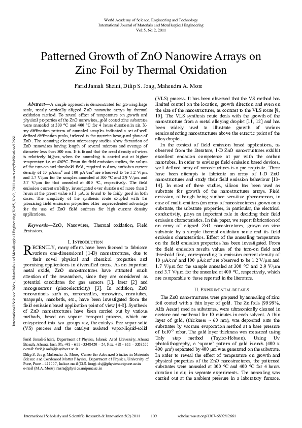 (PDF) Patterned Growth Of Zno Nanowire Arrays On Zinc Foil By Thermal ...