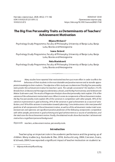 (PDF) The Big Five personality traits as determinants of teachers ...