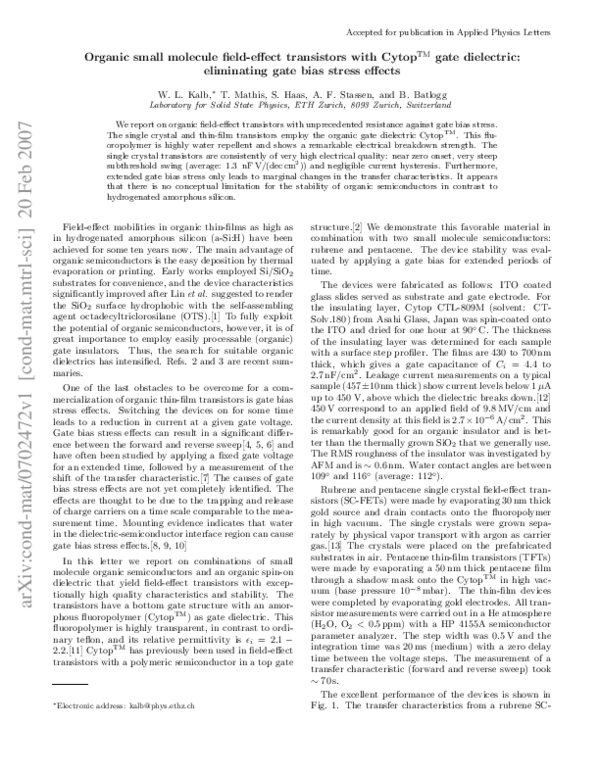 (PDF) Organic small molecule field-effect transistors with Cytop™ gate ...