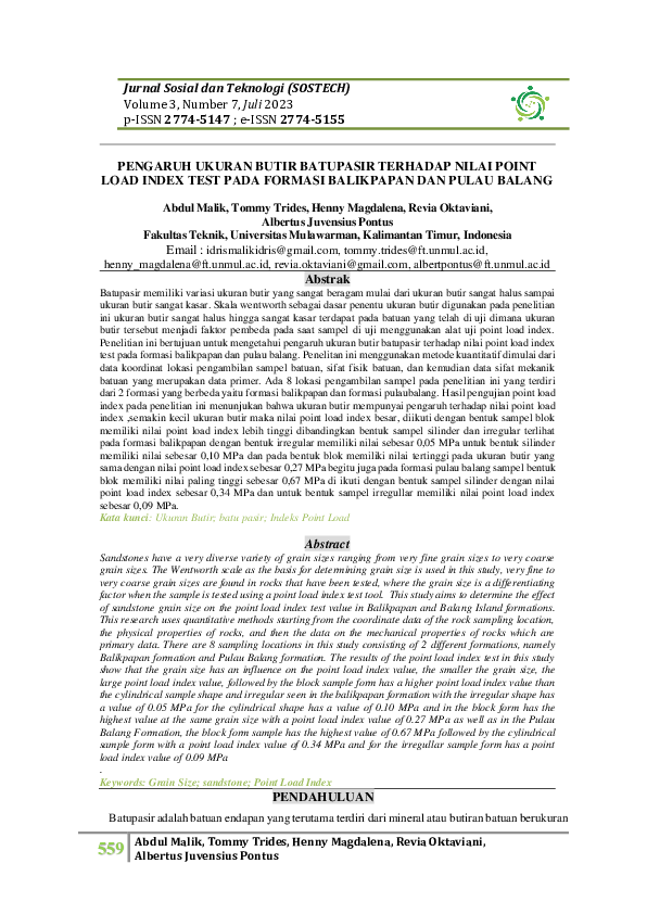 (PDF) Pengaruh Ukuran Butir Batupasir Terhadap Nilai Point Load Index ...