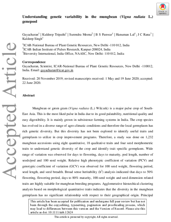 (PDF) Understanding genetic variability in the mungbean (Vigna radiataL ...
