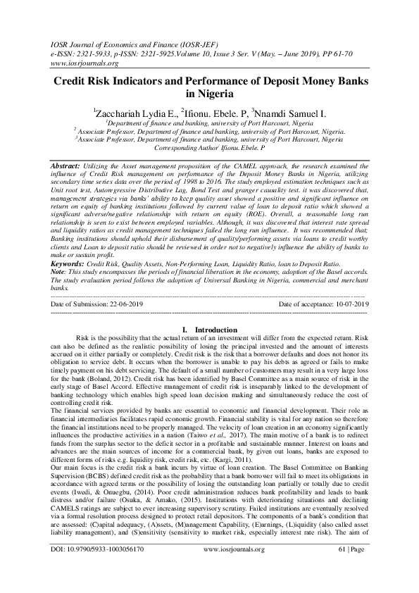 (PDF) Credit Risk Indicators and Performance of Deposit Money Banks in ...