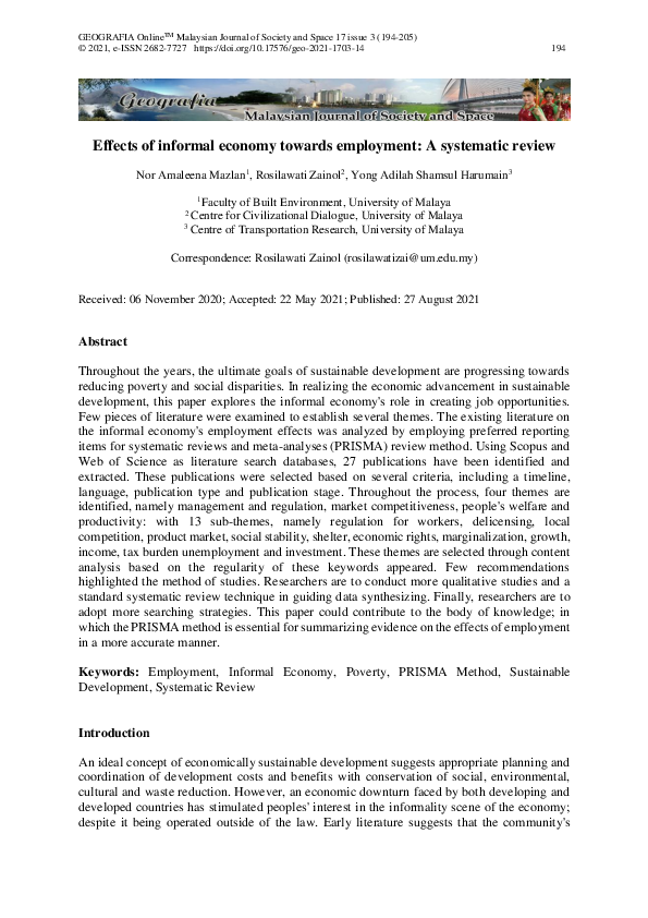 (PDF) Effects of informal economy towards employment: A systematic review