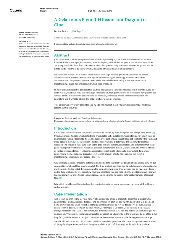 (PDF) A Gelatinous Pleural Effusion as a Diagnostic Clue Daniela