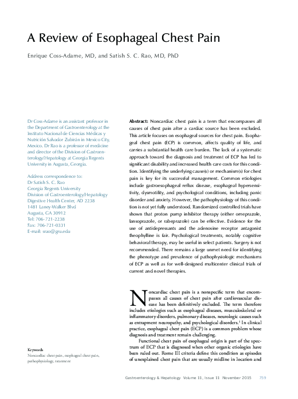 (PDF) A Review of Esophageal Chest Pain Satish Rao Academia.edu