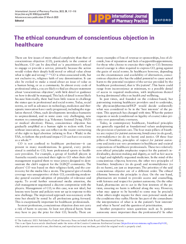 (PDF) The ethical conundrum of conscientious objection in healthcare