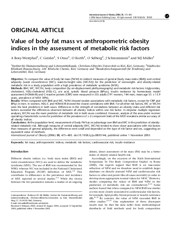 (PDF) Value of body fat mass vs anthropometric obesity indices in the ...