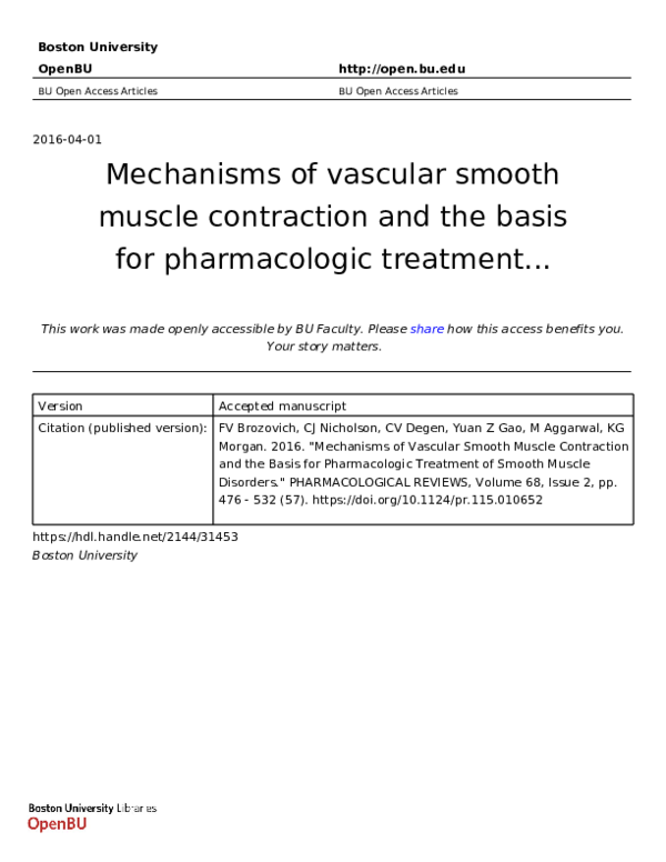 (PDF) Mechanisms of Vascular Smooth Muscle Contraction and the Basis ...