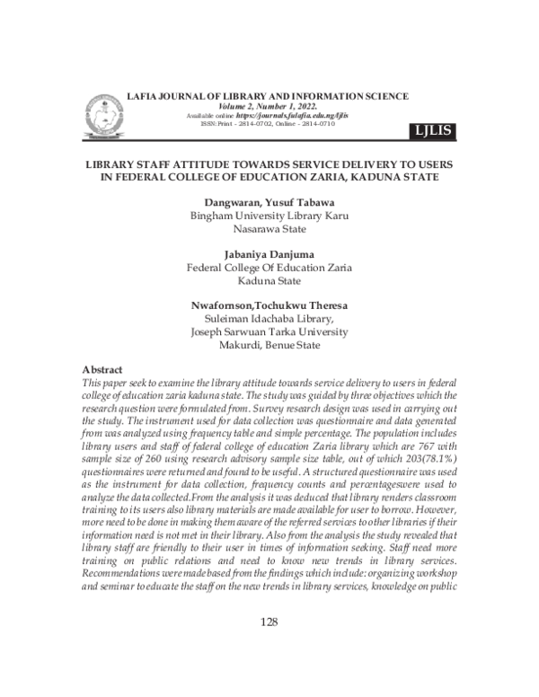 (PDF) LIBRARY STAFF ATTITUDE TOWARDS SERVICE DELIVERY TO USERS IN ...