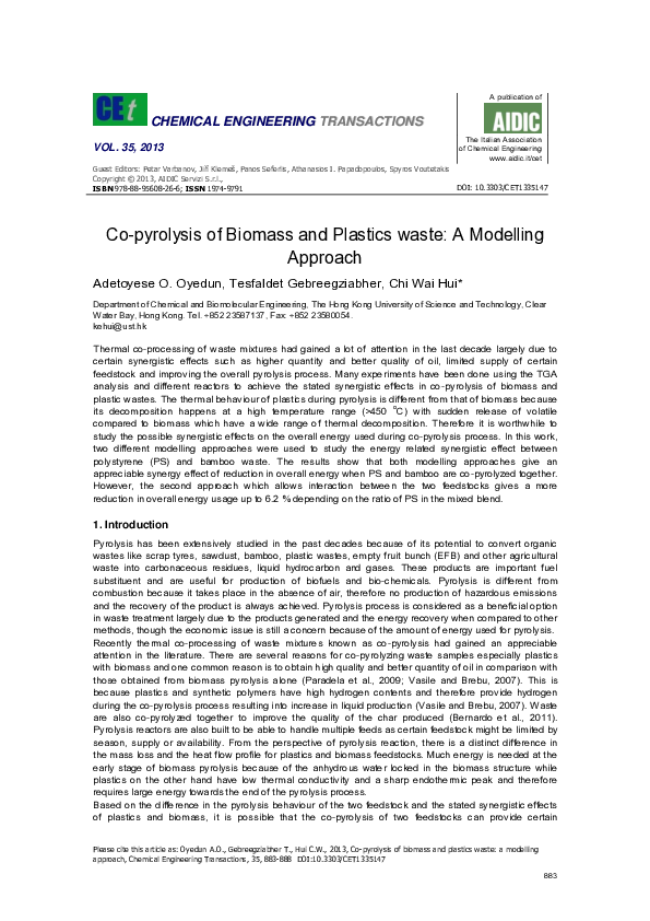 (PDF) Co-pyrolysis of biomass and plastics waste: A modelling approach