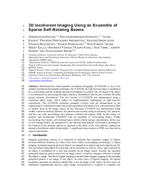 (PDF) 3D Incoherent Imaging Using an Ensemble of Sparse Self-Rotating Beams
