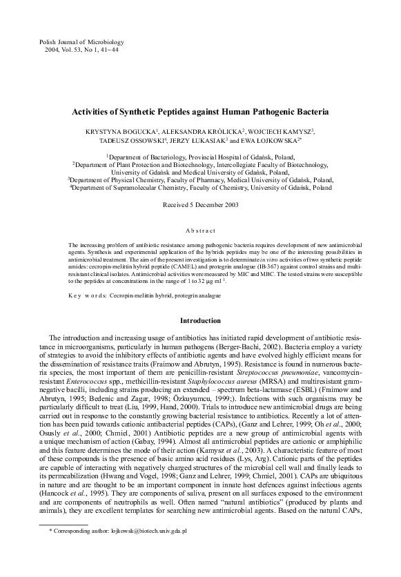 (PDF) Activities of synthetic peptides against human pathogenic bacteria
