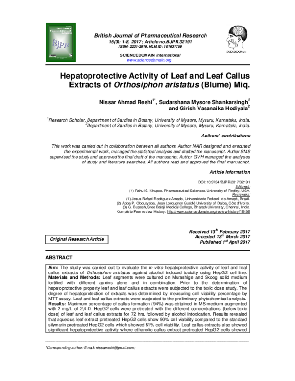 Hepatoprotective Activity of Leaf and Leaf Callus Extracts of ...