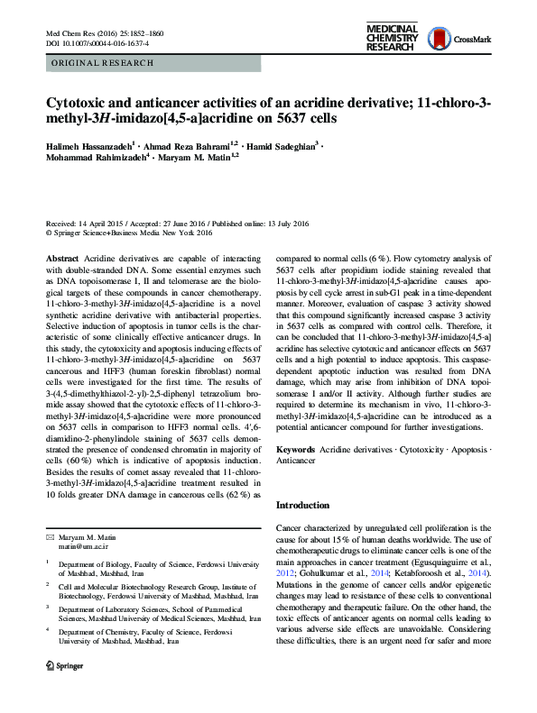 (PDF) Cytotoxic and anticancer activities of an acridine derivative; 11 ...