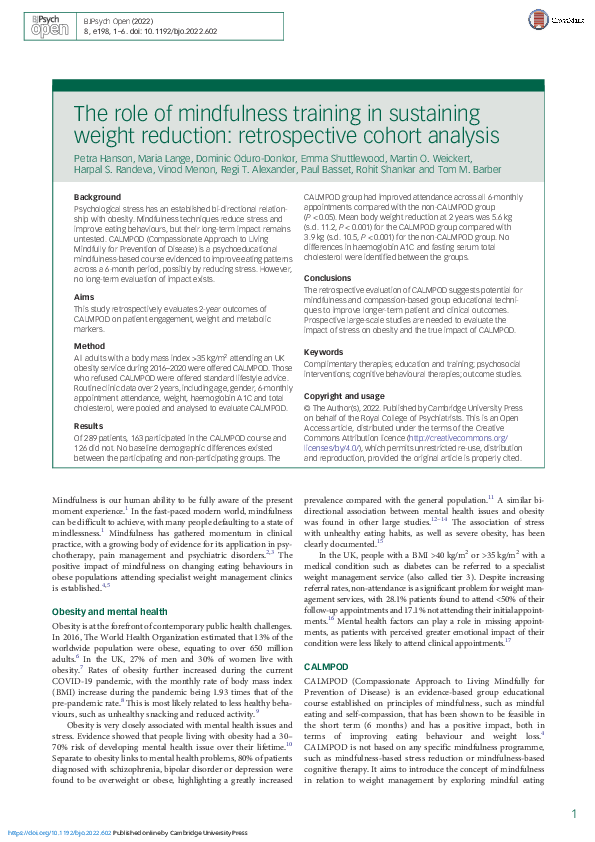(PDF) The role of mindfulness training in sustaining weight reduction ...