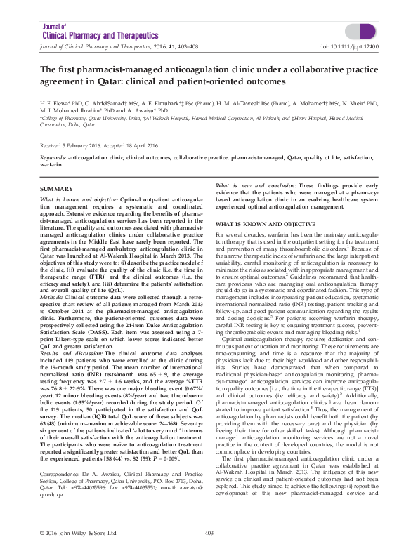 (PDF) The first pharmacistmanaged anticoagulation clinic under a