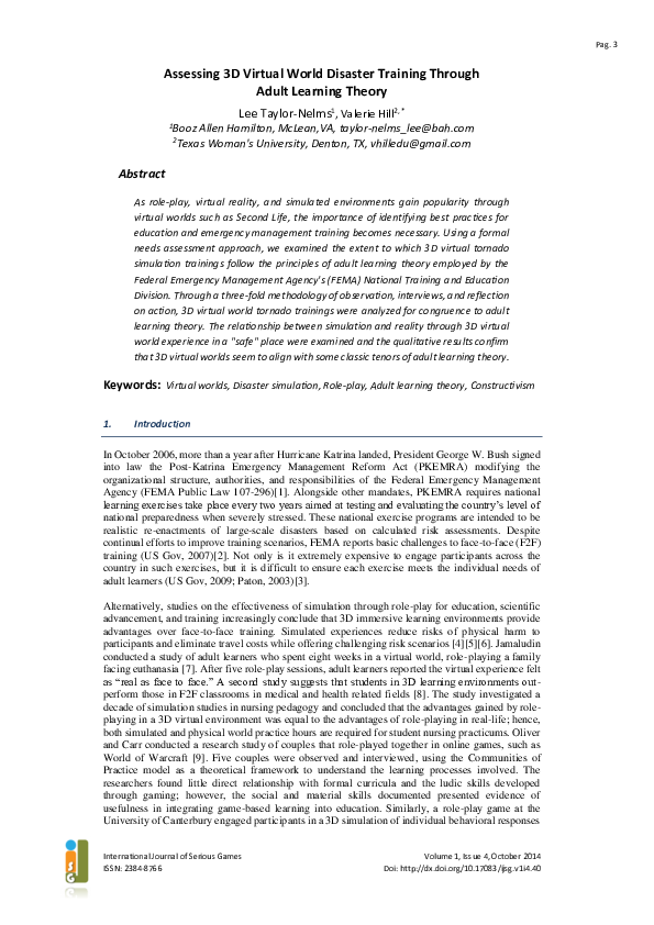 (PDF) Assessing 3D Virtual World Disaster Training Through Adult ...