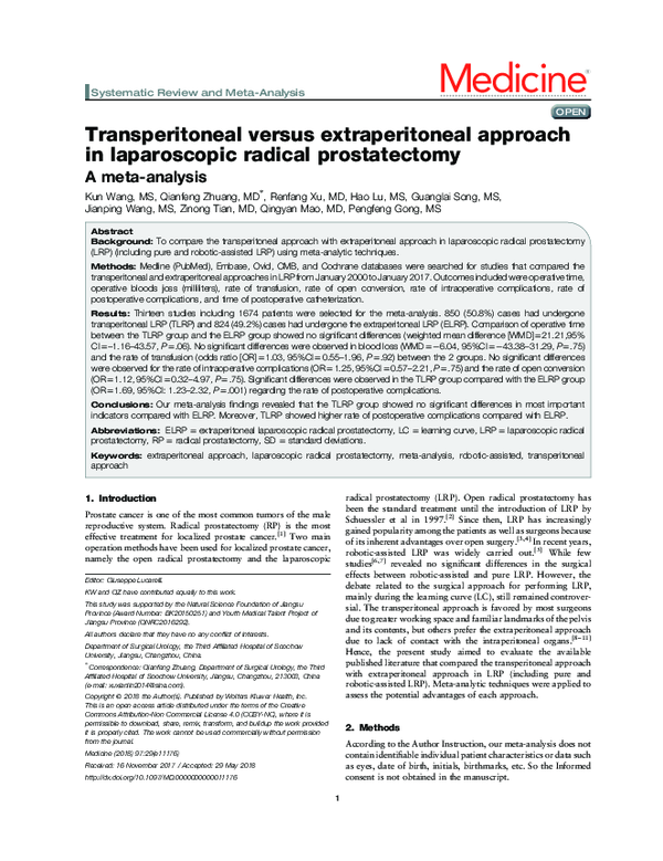 (PDF) Transperitoneal versus extraperitoneal approach to laparoscopic ...