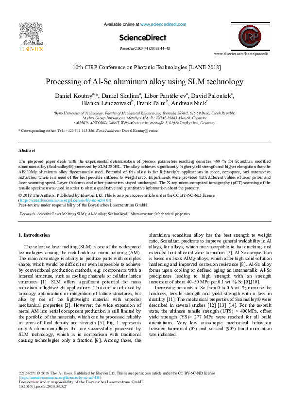 (PDF) Processing of Al-Sc aluminum alloy using SLM technology