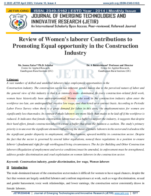 (PDF) Women in Creating Equality in the Construction Industry: A Review
