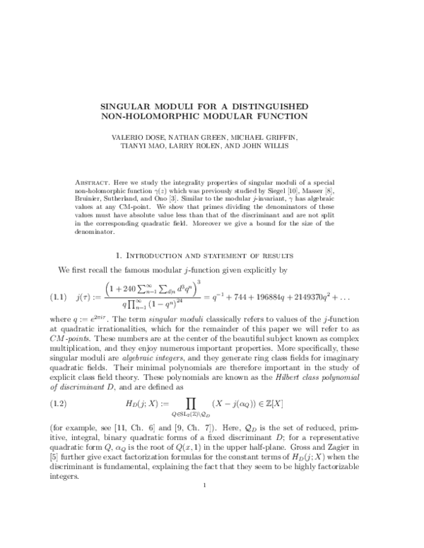 (PDF) Singular moduli for a distinguished non-holomorphic modular function