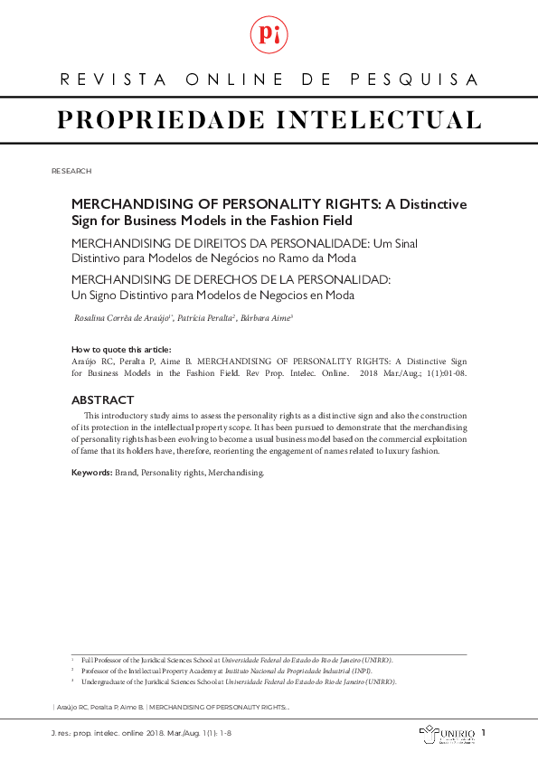 (PDF) MERCHANDISING OF PERSONALITY RIGHTS: A Distinctive Sign for ...
