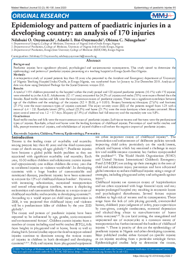 (PDF) Epidemiology and pattern of paediatric injuries in a developing ...