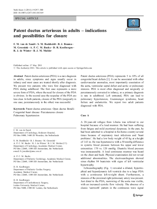 (PDF) Patent ductus arteriosus in adults - indications and ...