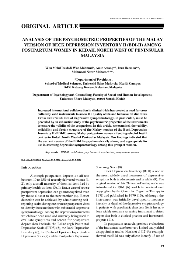 (PDF) Analysis of the Psychometric Properties of the Malay Version of ...