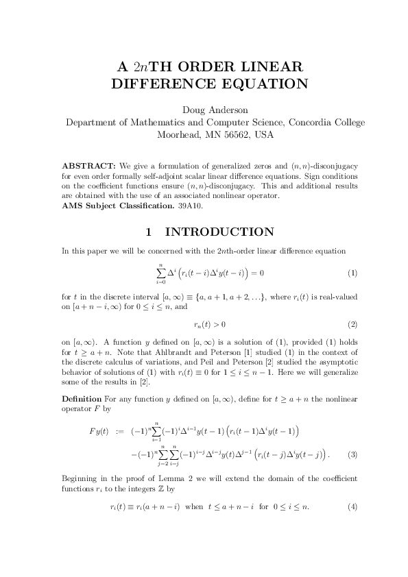 (PDF) A 2nth order linear difference equation | Doug Anderson ...