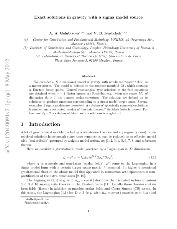 (PDF) Exact solutions in gravity with a sigma model source