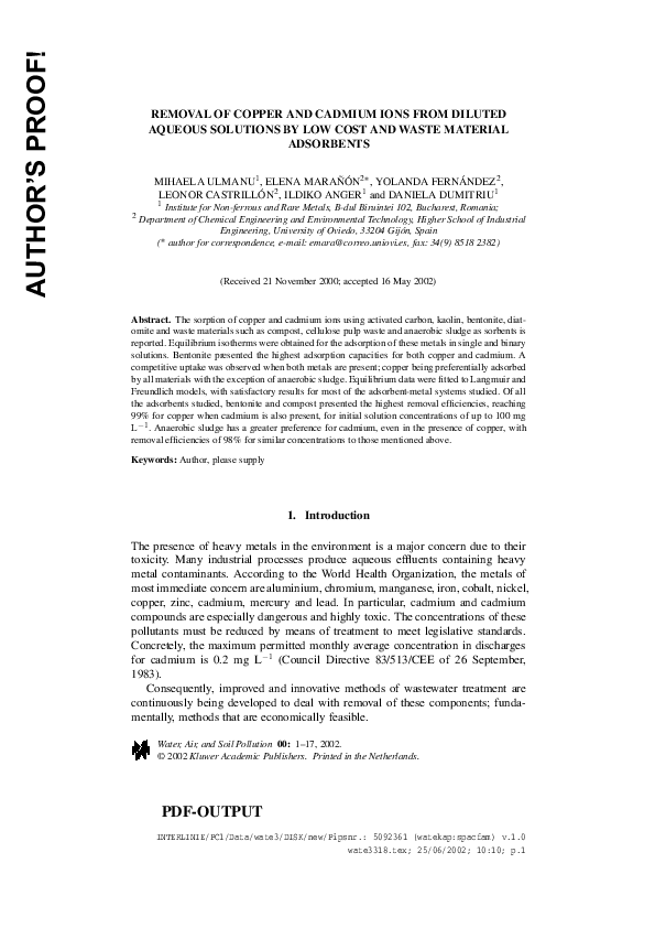 (PDF) Removal of Copper and Cadmium Ions from Diluted Aqueous Solutions ...