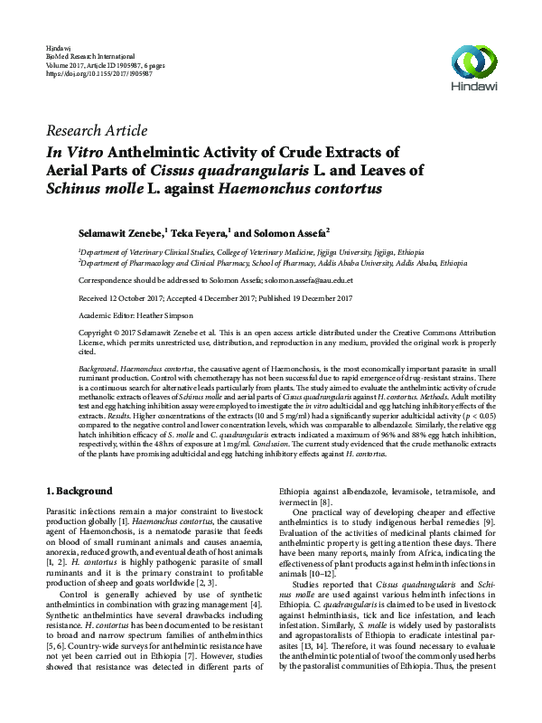 (PDF) In vitro Evaluation of Anthelmintic Activities of Crude Extracts ...