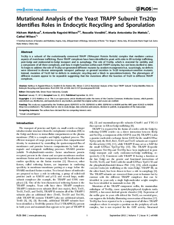 (PDF) Mutational Analysis of the Yeast TRAPP Subunit Trs20p Identifies ...