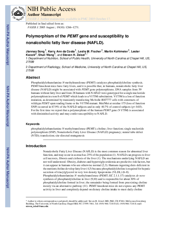 (PDF) Polymorphism of the PEMT gene and susceptibility to nonalcoholic ...