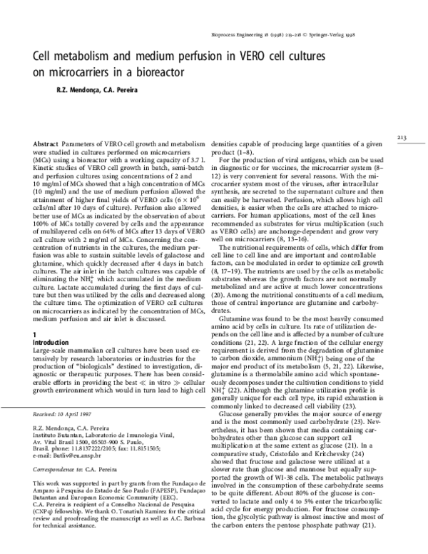 (PDF) Cell metabolism and medium perfusion in VERO cell cultures on ...