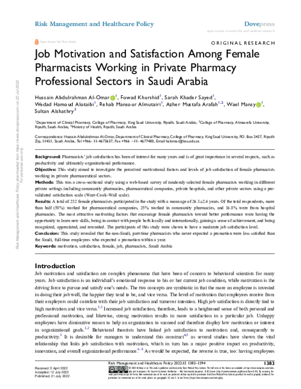 (PDF) Job Motivation and Satisfaction Among Female Pharmacists Working ...