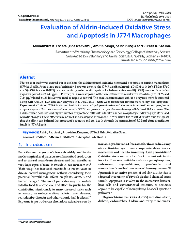 (PDF) Evaluation of Aldrin-Induced Oxidative Stress and Apoptosis in ...