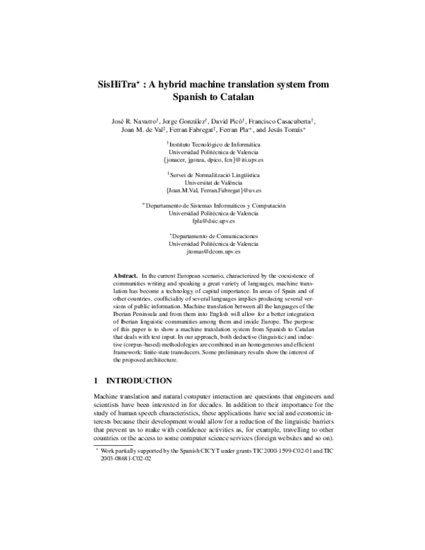 (PDF) SisHiTra : A Hybrid Machine Translation System from Spanish to ...