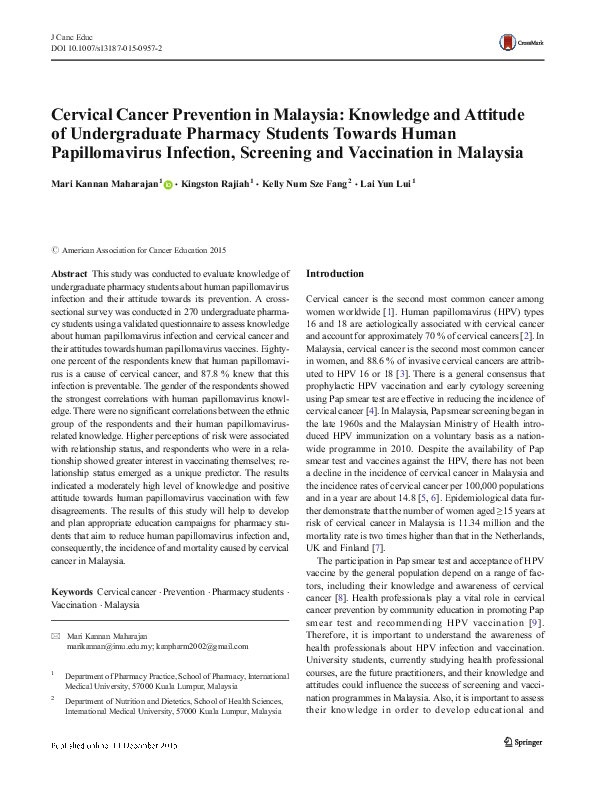 (PDF) Cervical Cancer Prevention in Malaysia: Knowledge and Attitude of ...