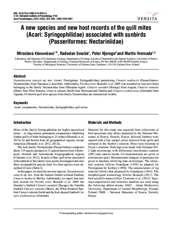 A new species and new host records of the quill mites (Acari: Syringophilidae) associated with sunbirds (Passeriformes: Nectariniidae)