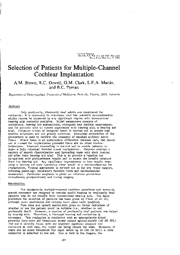 (PDF) Selection of patients for multiple-channel cochlear implantation
