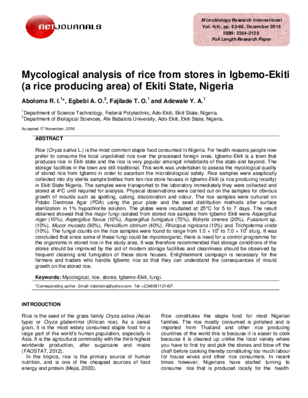 (PDF) Mycological analysis of rice from stores in Igbemo-Ekiti (a rice ...