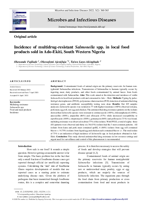 (PDF) Incidence of multidrug resistant Salmonella spp. In local food ...