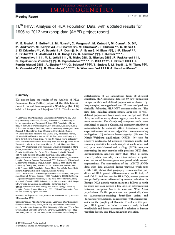 (PDF) 16thIHIW: Analysis of HLA Population Data, with updated results ...