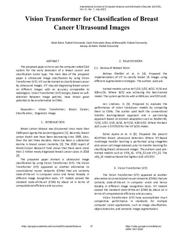(PDF) Vision Transformer for Classification of Breast Cancer Ultrasound ...