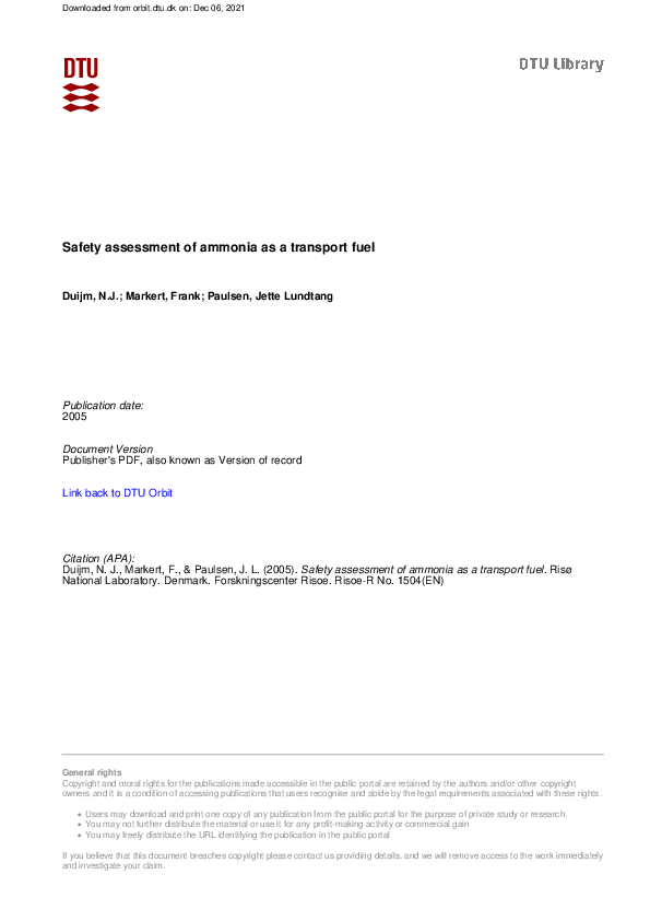(PDF) Safety assessment of ammonia as a transport fuel