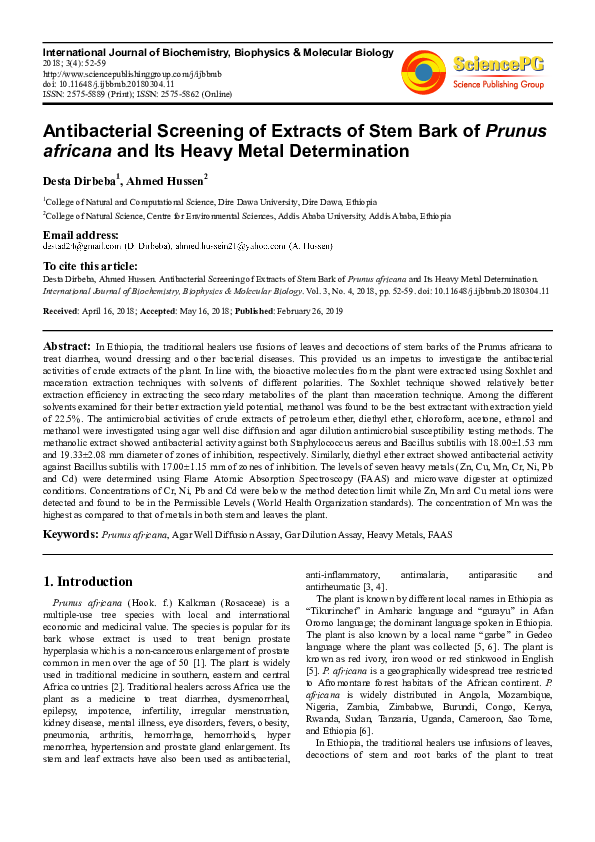 (PDF) Antibacterial Activity of Prunus Africana Stem Bark Extract